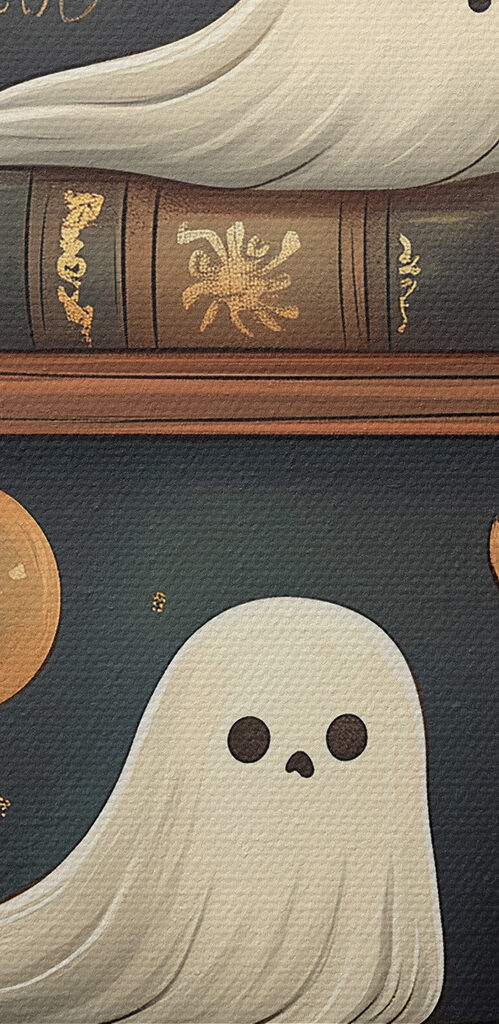 Bookcase full of books with ghosts Bookcase full of books with ghosts