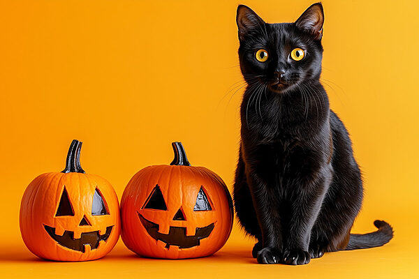 Black cat sitting next to two carved pumpkins