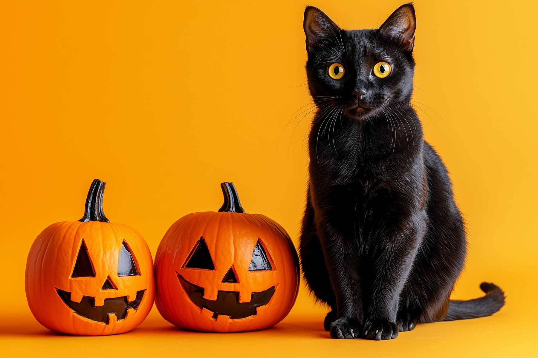 Black cat sitting next to two carved pumpkins