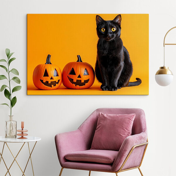 Cuadros Un gato negro sentado junto a dos calabazas talladas