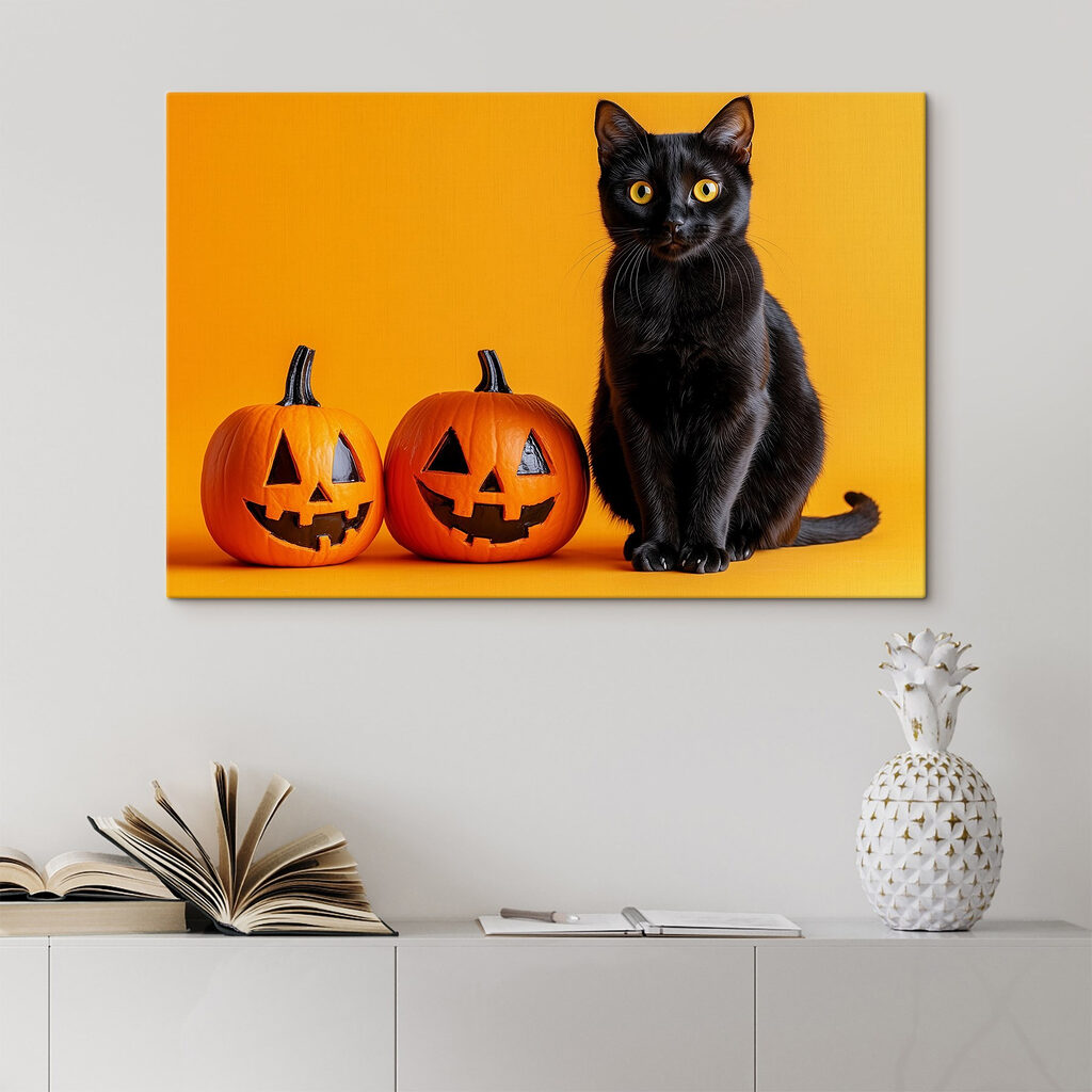 Black cat sitting next to two carved pumpkins