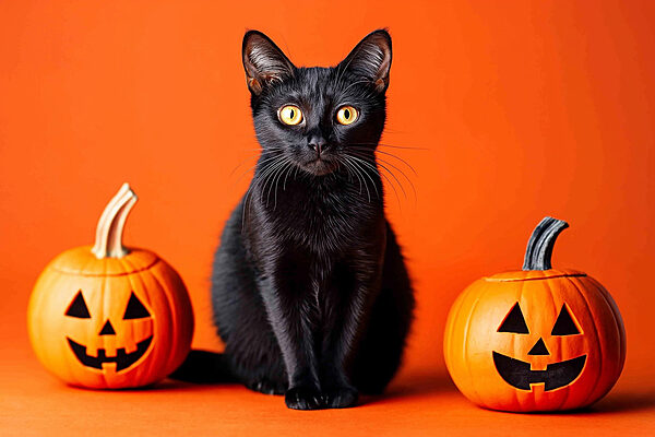 Black cat sitting next to two pumpkins