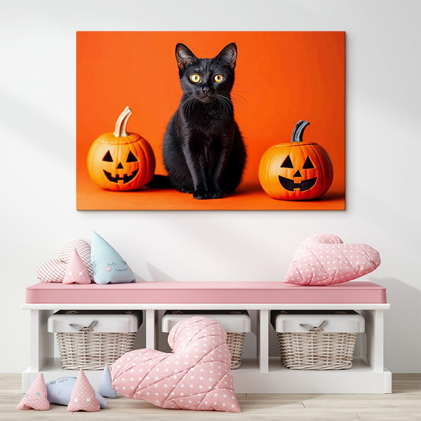 Cuadros Un gato negro sentado junto a dos calabazas