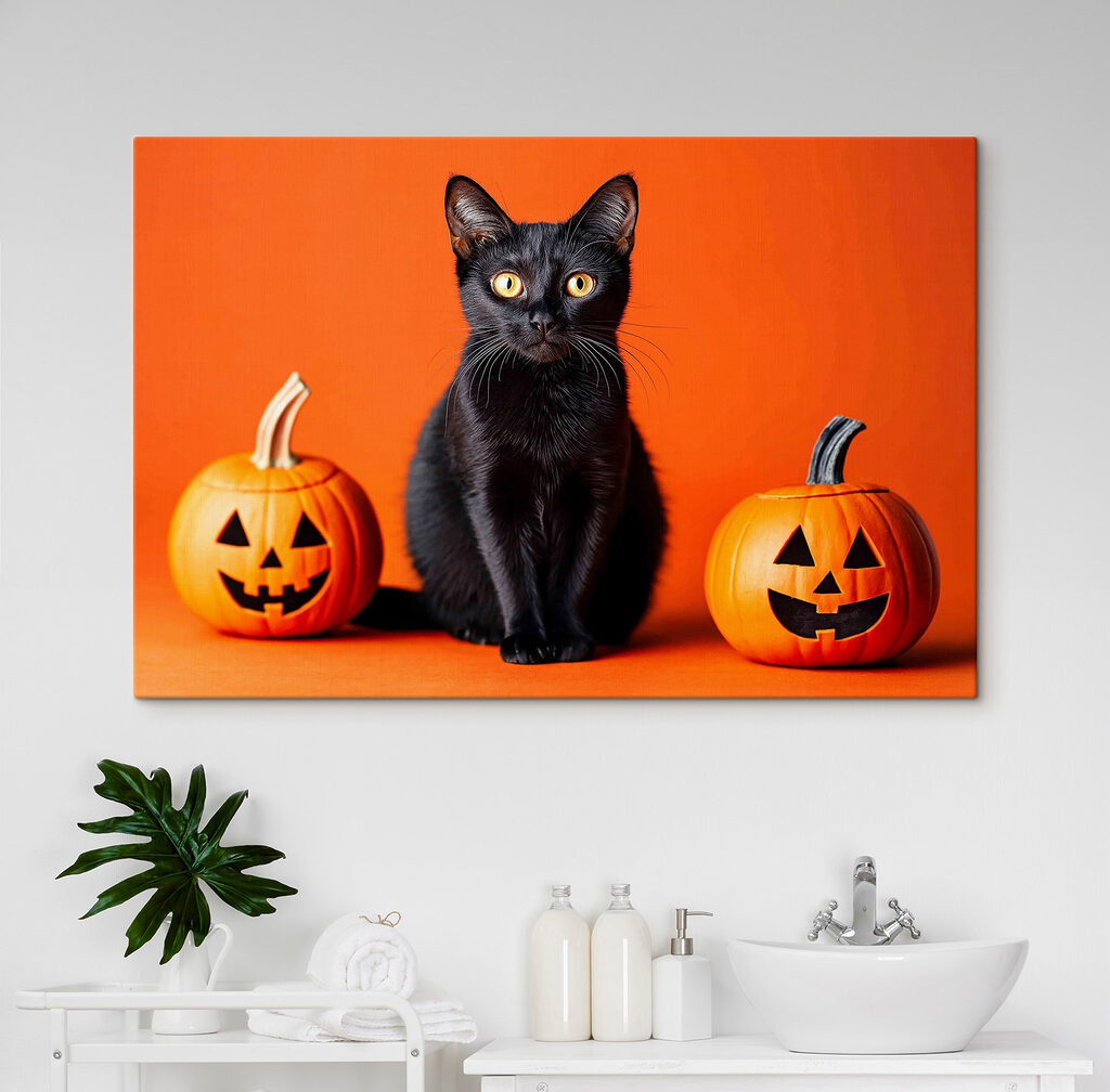 Black cat sitting next to two pumpkins