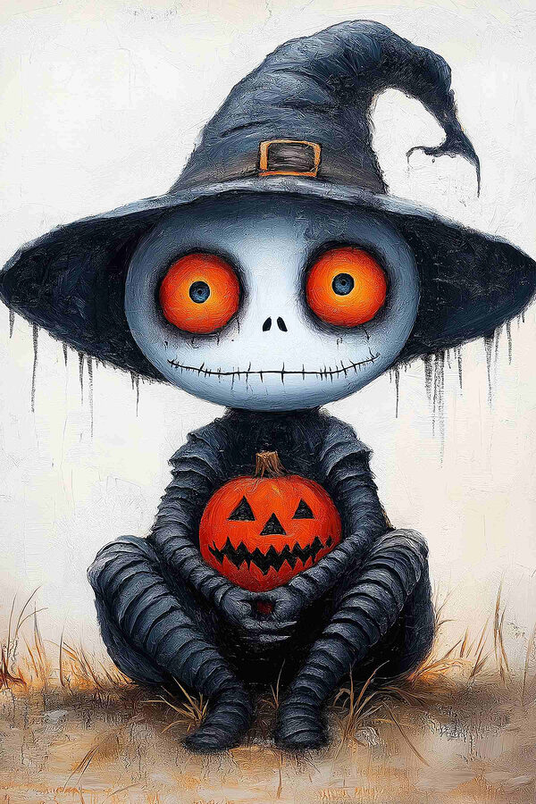 Cartoon character in a person garment holding a pumpkin Cartoon character in a person garment holding a pumpkin