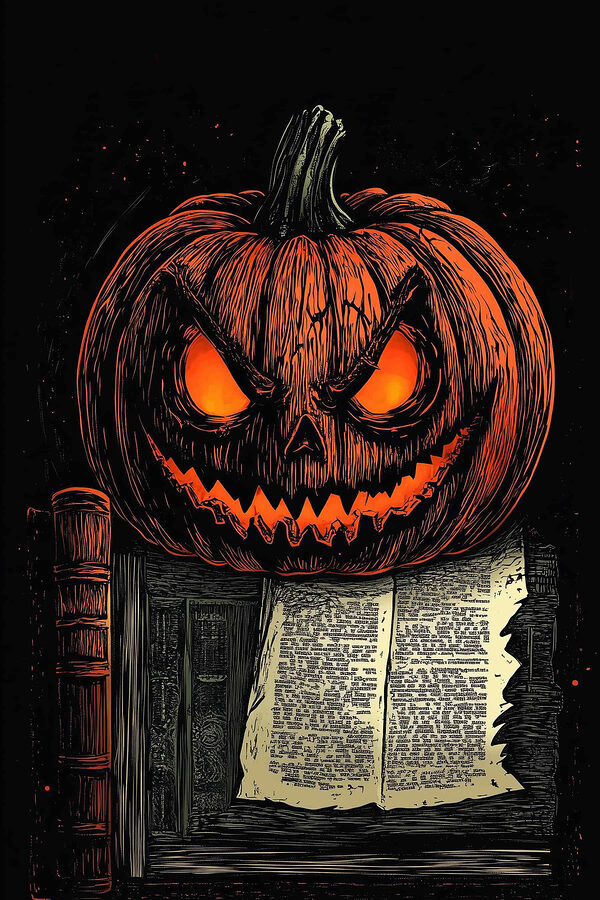 Pumpkin with a face on top of a book