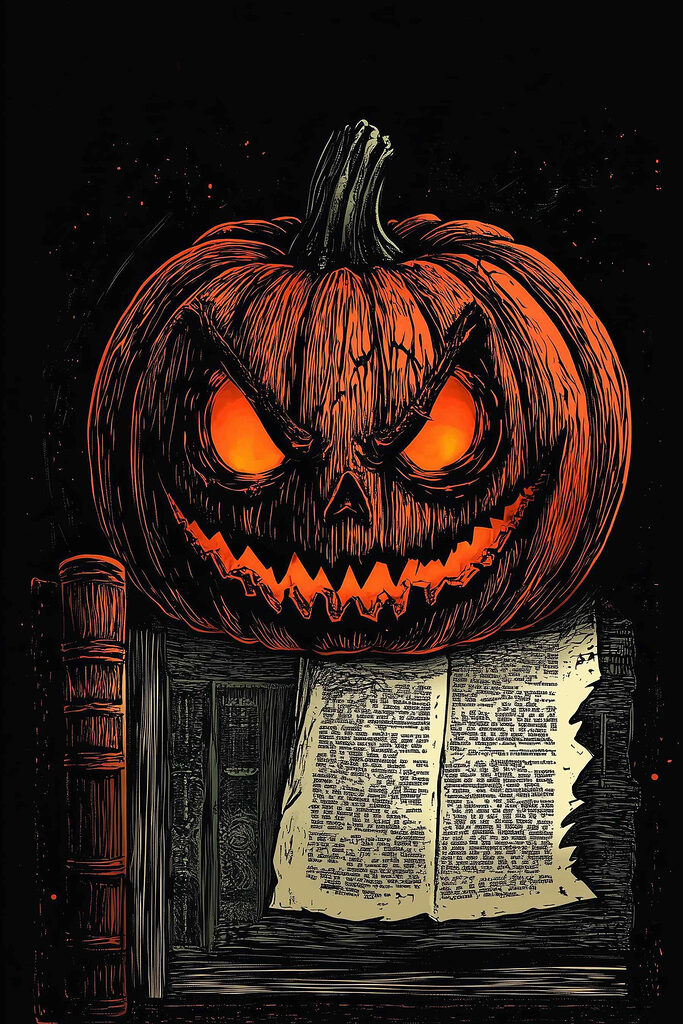 Pumpkin with a face on top of a book
