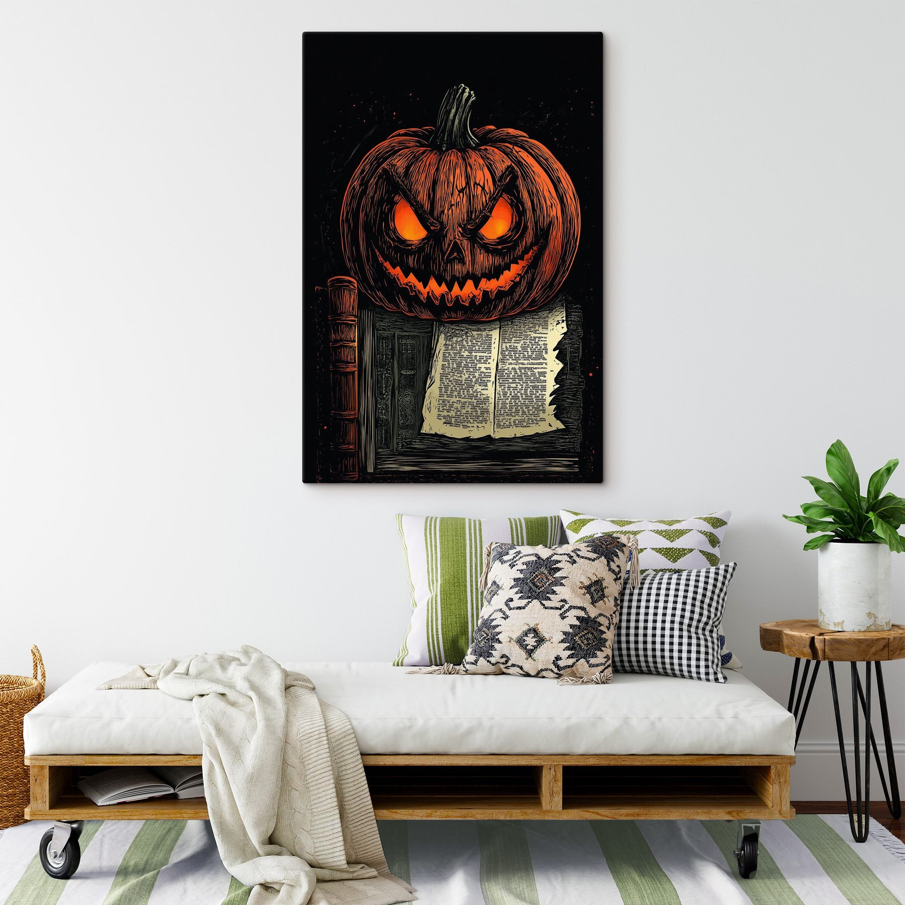 Pumpkin with a face on top of a book