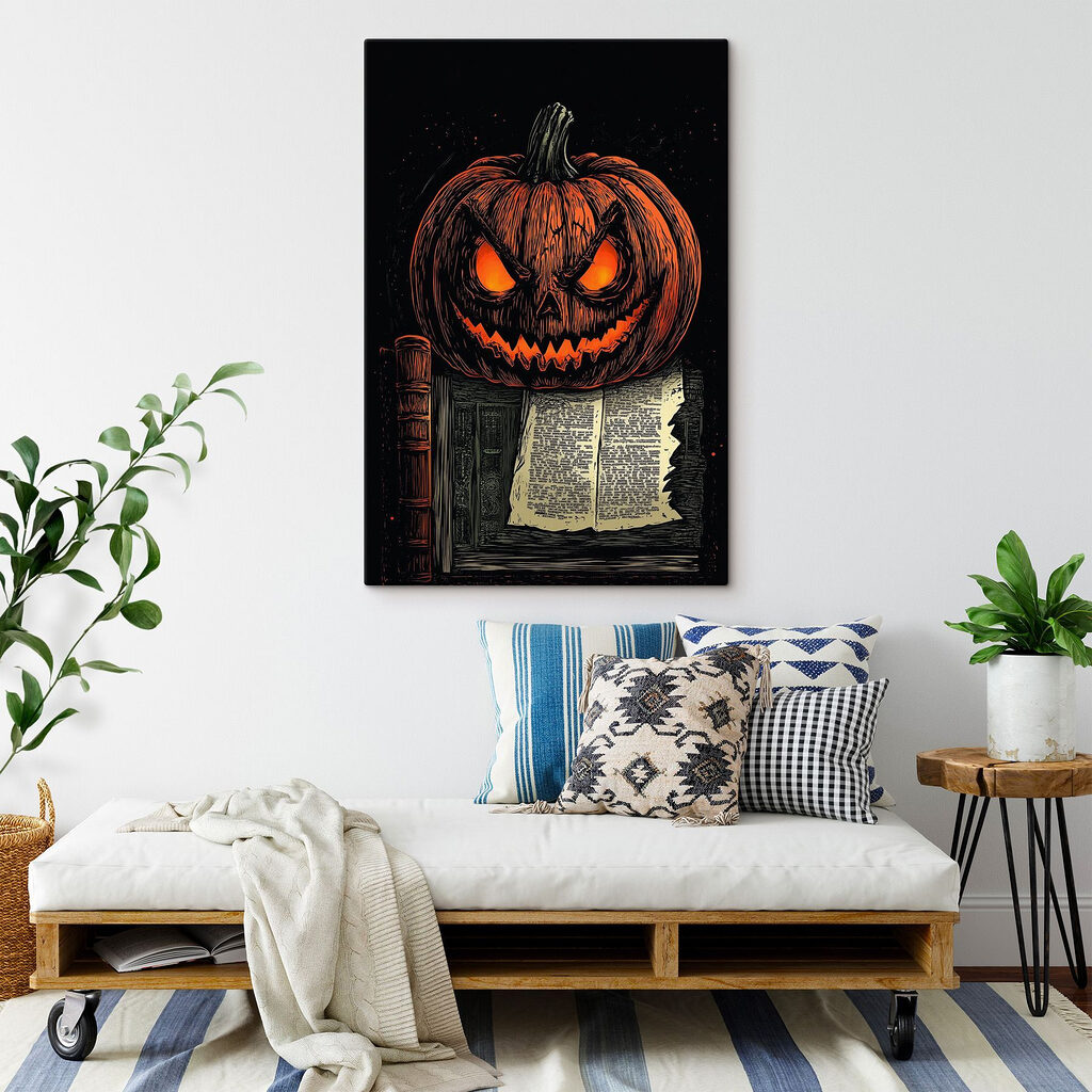 Pumpkin with a face on top of a book