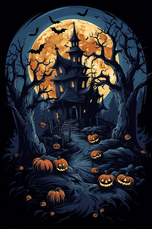 Haunted house with pumpkins and a full moon