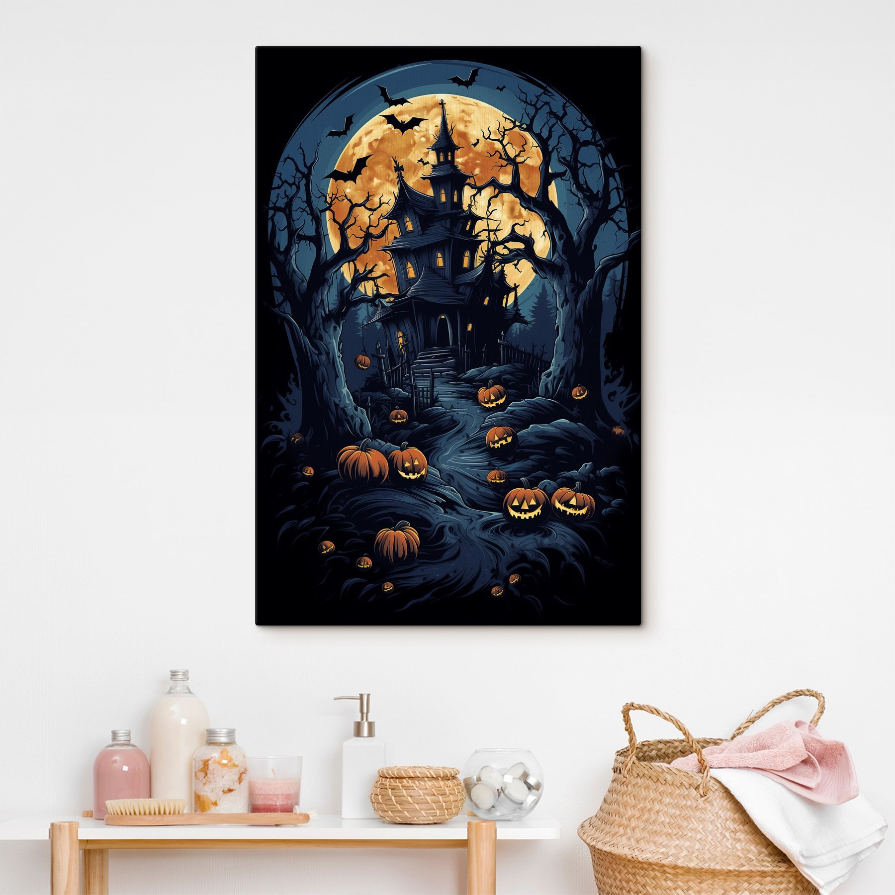 Haunted house with pumpkins and a full moon