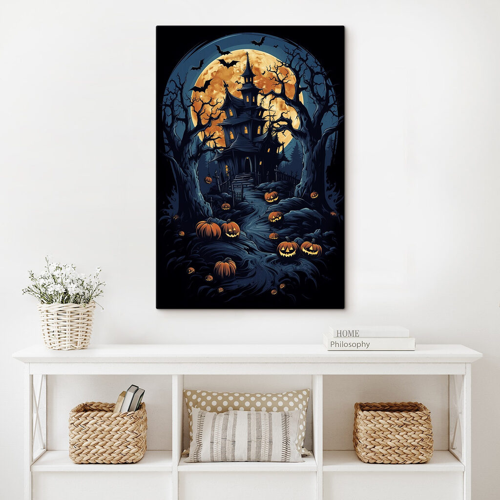 Haunted house with pumpkins and a full moon