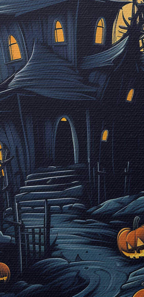 Haunted house with pumpkins and a full moon