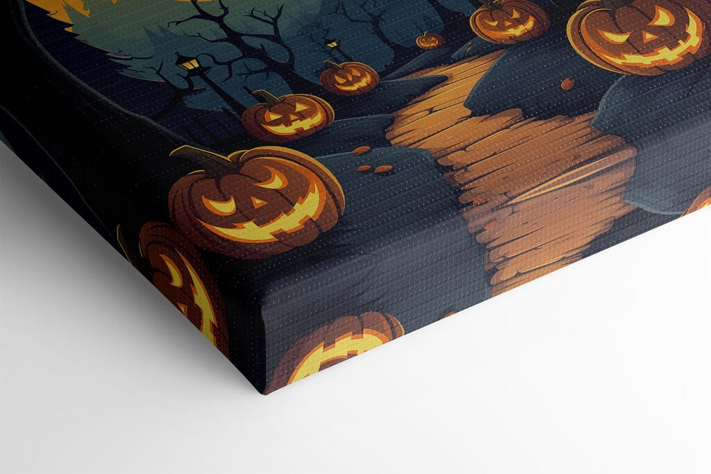 Cartoon of a path with pumpkins and trees