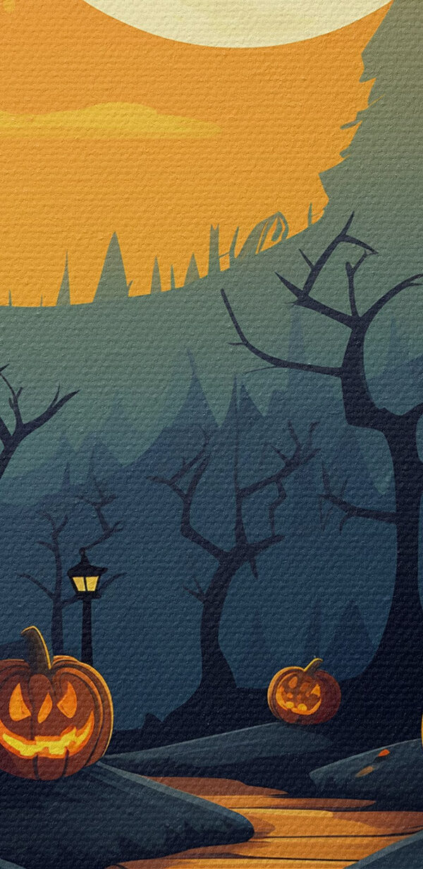 Cartoon of a path with pumpkins and trees