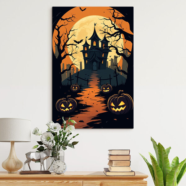Cuadros Cuadros Dibujo de una casa con calabazas y árboles (SKU: s41136)