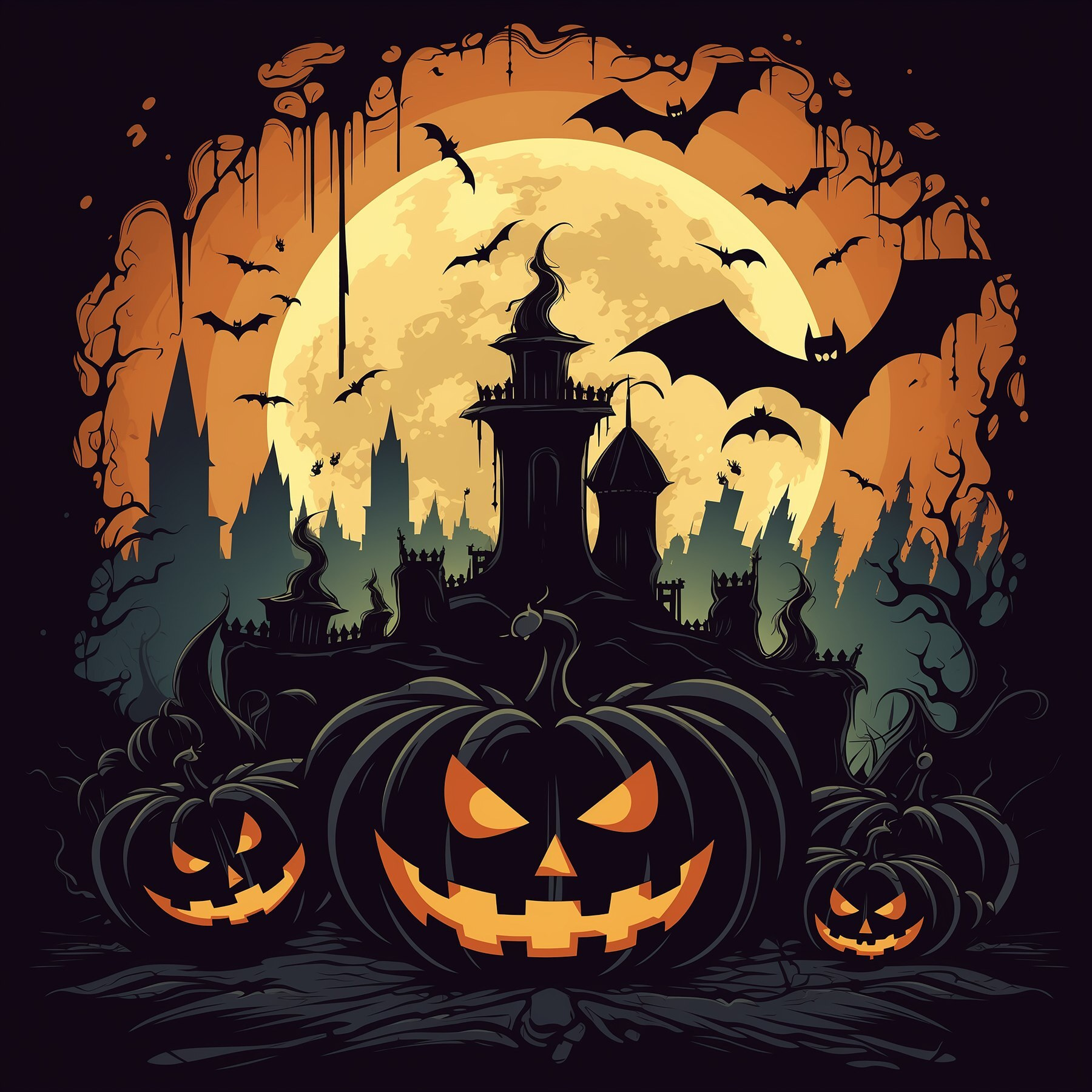 Pumpkins and bats in front of a castle Pumpkins and bats in front of a castle