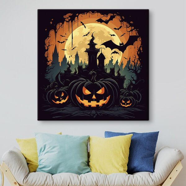 Pumpkins and bats in front of a castle Pumpkins and bats in front of a castle