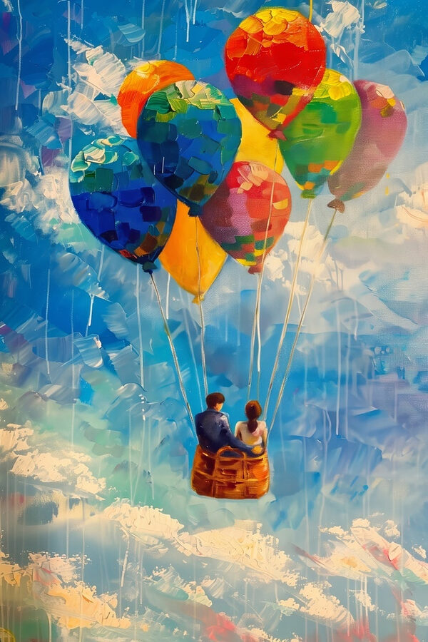 Painting of a couple in a basket with colorful balloons Painting of a couple in a basket with colorful balloons