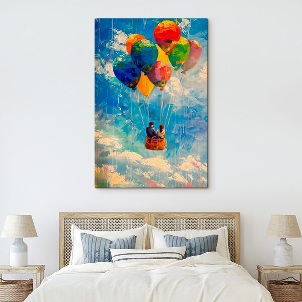 Painting of a couple in a basket with colorful balloons Painting of a couple in a basket with colorful balloons