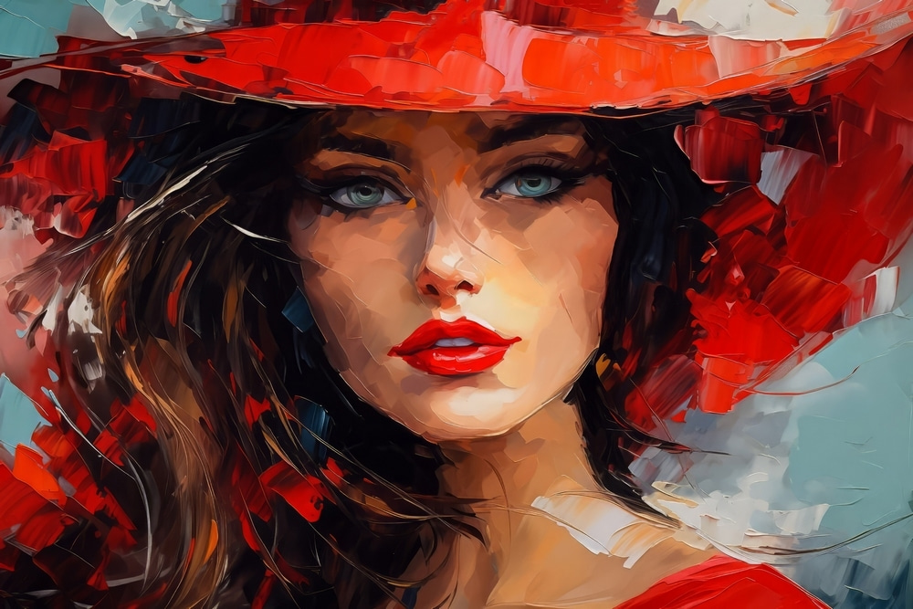 Painting of a woman wearing a red hat Painting of a woman wearing a red hat
