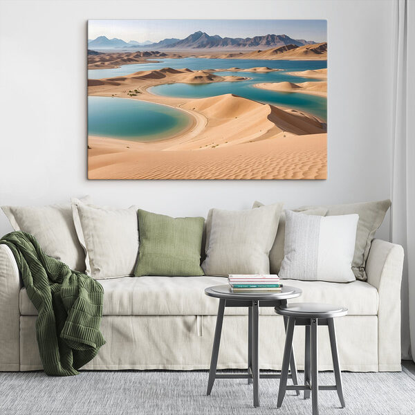 Desert with water and mountains in the background Desert with water and mountains in the background