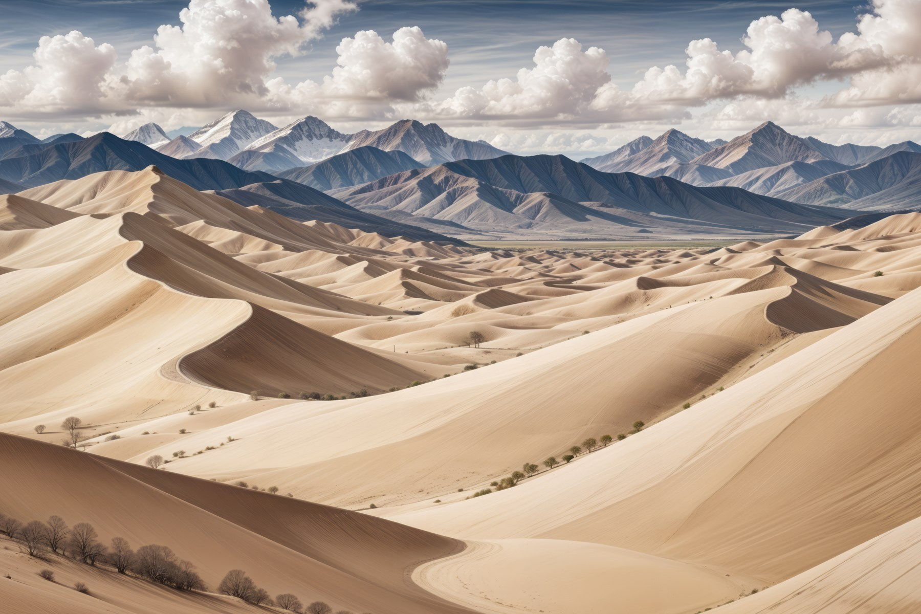 Large sandy hills with mountains in the background