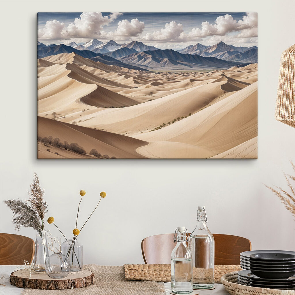Large sandy hills with mountains in the background
