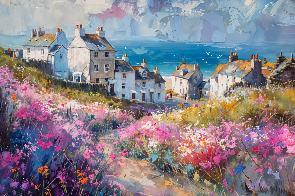 Painting of a village with flowers Painting of a village with flowers