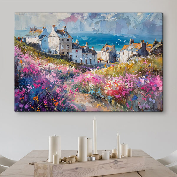 Painting of a village with flowers Painting of a village with flowers