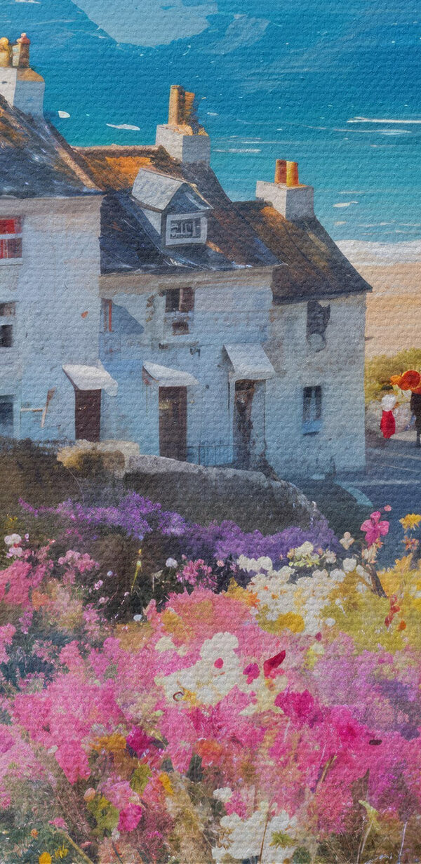 Painting of a village with flowers Painting of a village with flowers