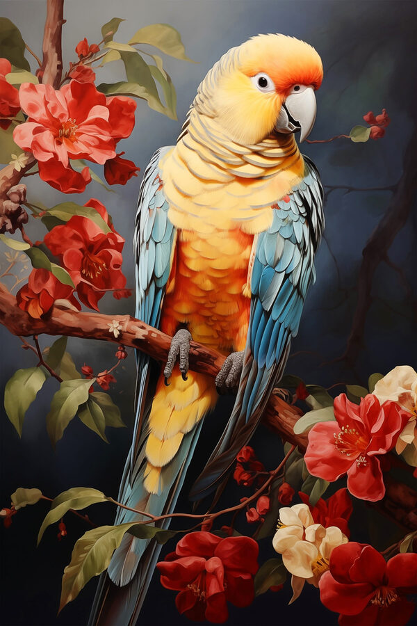 Colorful bird sitting on a branch with flowers Colorful bird sitting on a branch with flowers