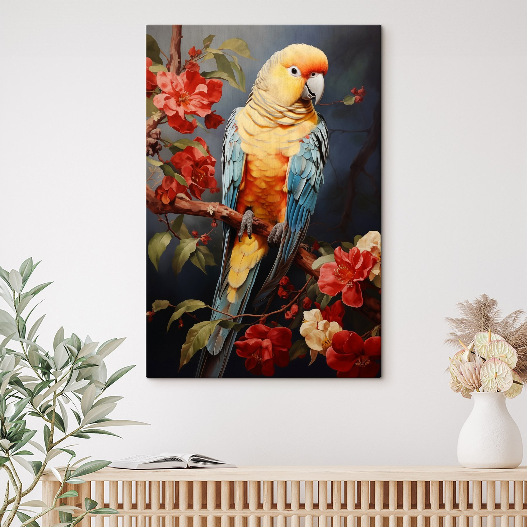 Colorful bird sitting on a branch with flowers Colorful bird sitting on a branch with flowers