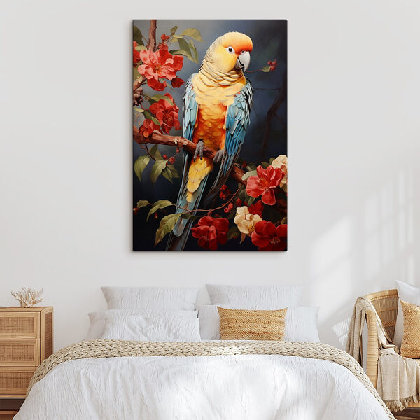 Colorful bird sitting on a branch with flowers Colorful bird sitting on a branch with flowers
