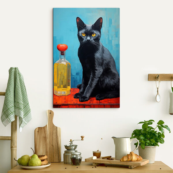 Cuadros Un gato negro sentado junto a una botella de líquido (SKU: s41237) Cuadros Cuadros Un gato negro sentado junto a una botella de líquido (SKU: s41237)