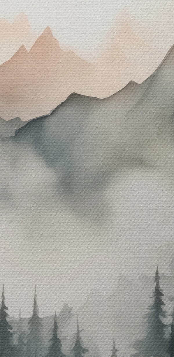 Painting of a forest and mountains