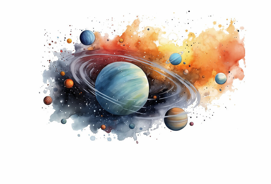 Acuarela de planetas y estrellas