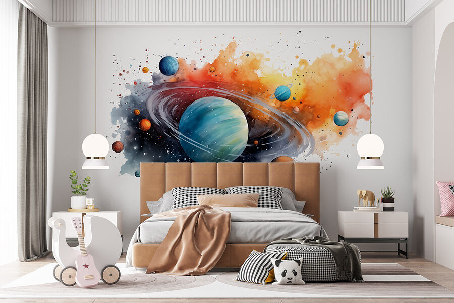 Acuarela de planetas y estrellas
