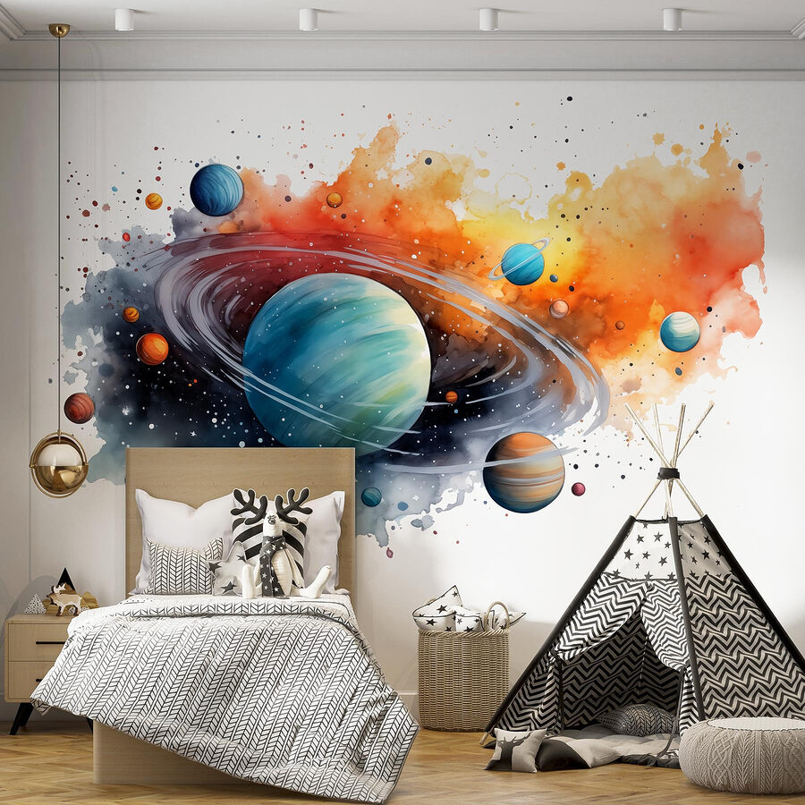 Acuarela de planetas y estrellas