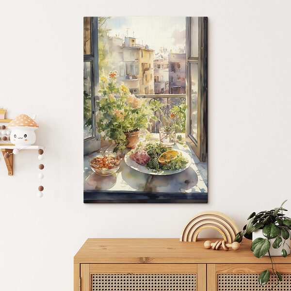 Cuadros Acuarela de una mesa con comida y flores frente a una ventana (SKU: s41166) Cuadros Cuadros Acuarela de una mesa con comida y flores frente a una ventana (SKU: s41166)