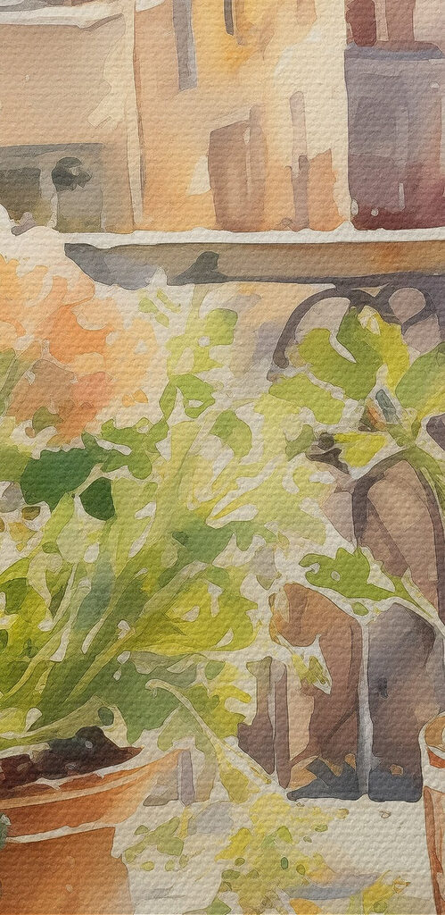 Watercolor painting of a table with food and flowers in front of a window Watercolor painting of a table with food and flowers in front of a window