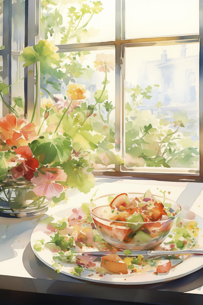 Watercolor painting of a bowl of food and flowers in front of a window