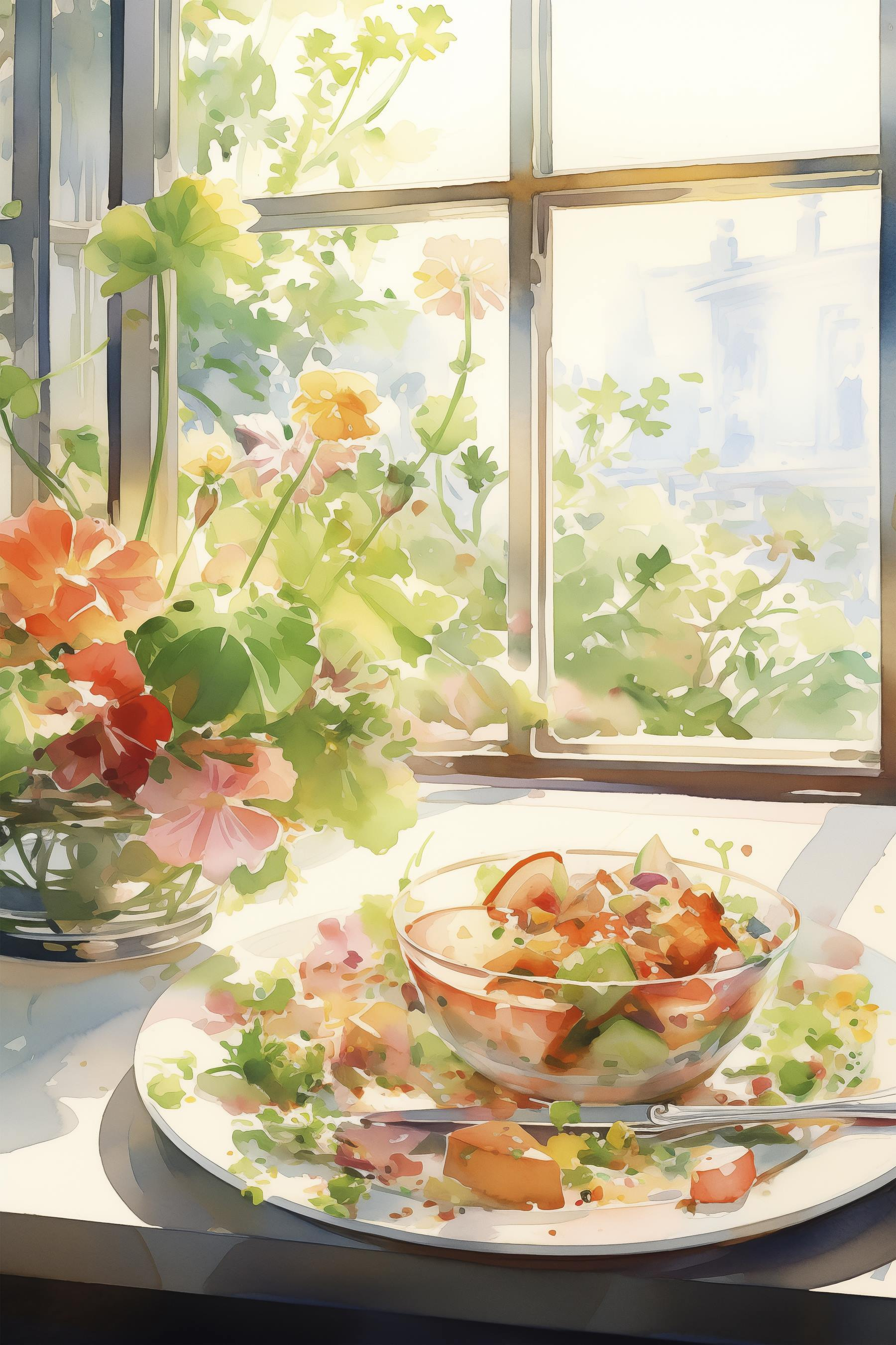 Watercolor painting of a bowl of food and flowers in front of a window