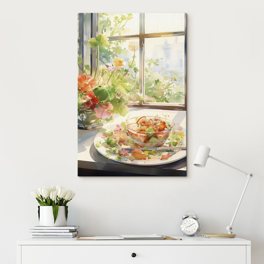 Watercolor painting of a bowl of food and flowers in front of a window