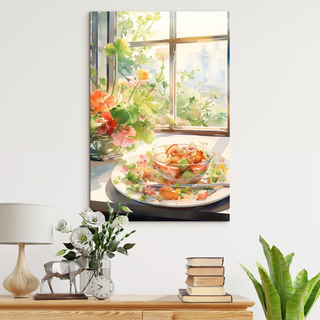 Watercolor painting of a bowl of food and flowers in front of a window
