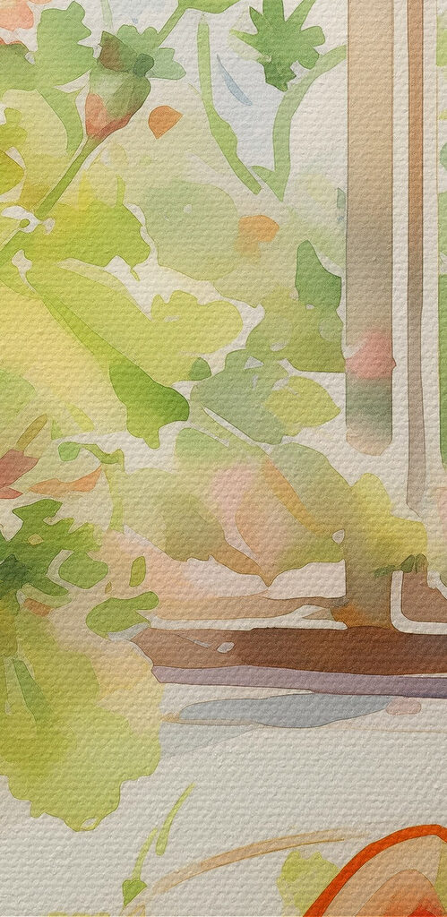 Watercolor painting of a bowl of food and flowers in front of a window