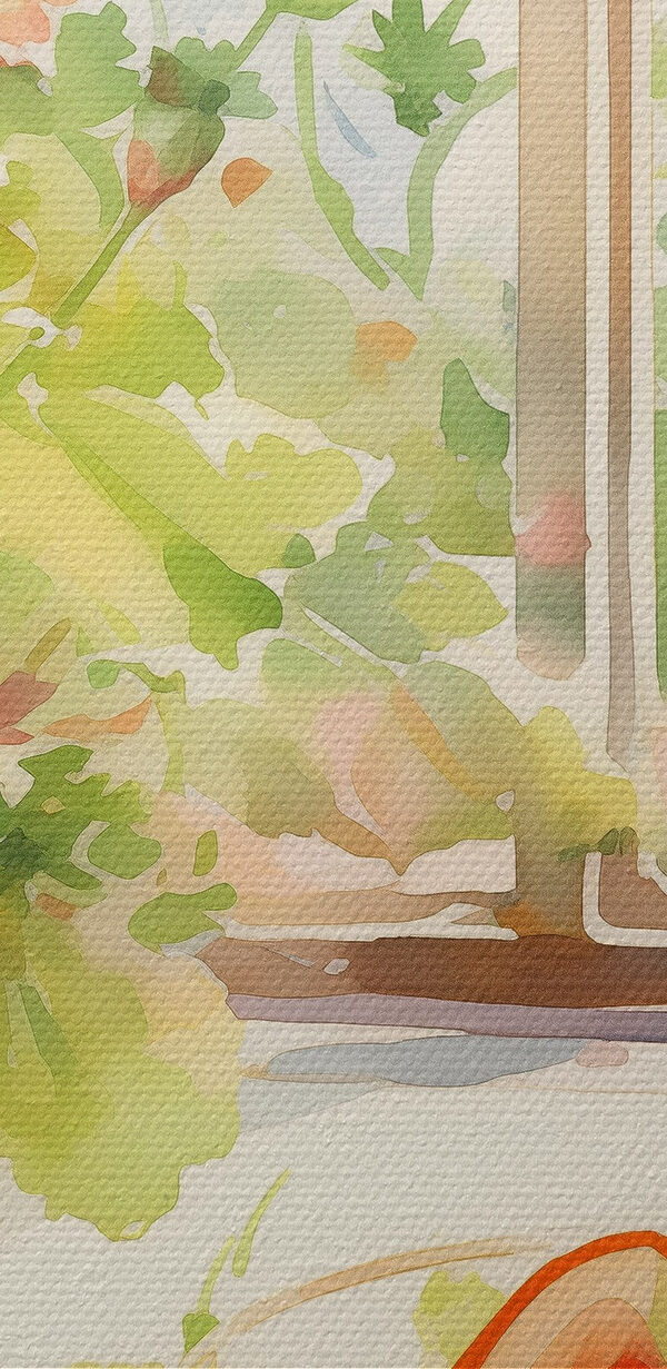 Watercolor painting of a bowl of food and flowers in front of a window