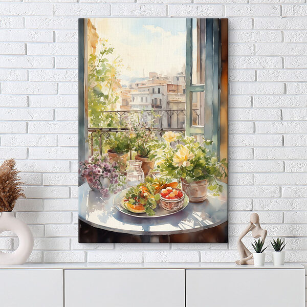Cuadros Acuarela de flores y frutas sobre una mesa frente a una ventana (SKU: s41168) Cuadros Cuadros Acuarela de flores y frutas sobre una mesa frente a una ventana (SKU: s41168)