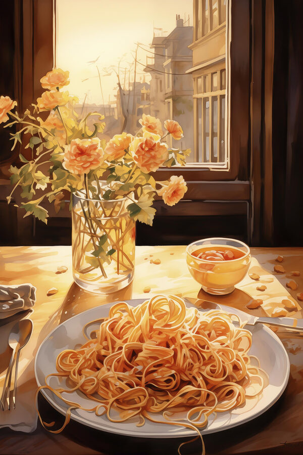Plate of pasta and a vase of flowers