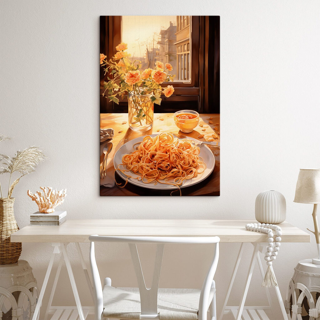 Plate of pasta and a vase of flowers